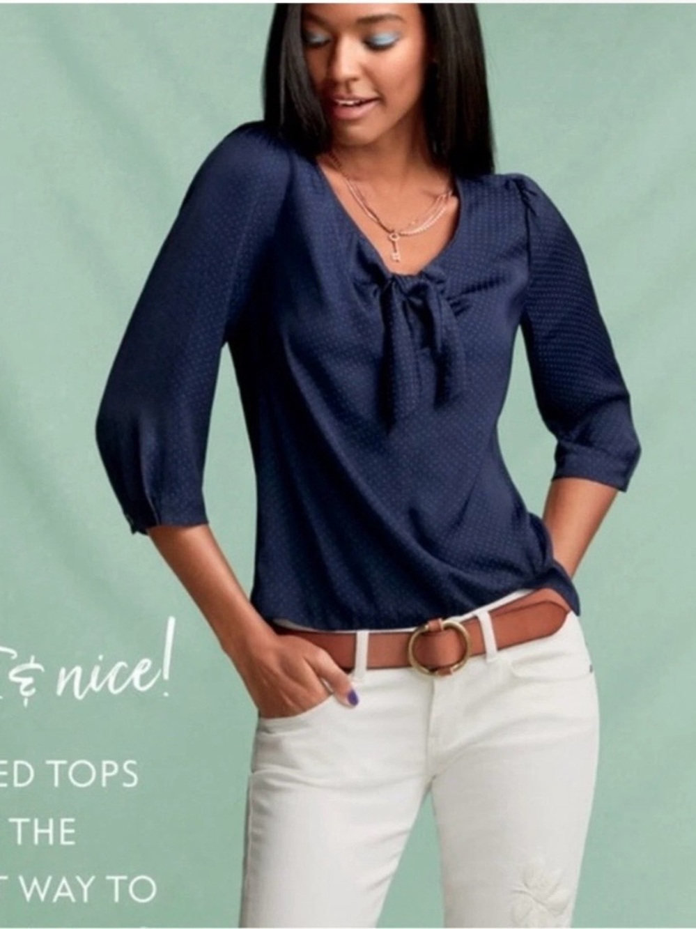 Cabi Style 5525 Navy Tie-Neck Puff Sleeve Top - Women